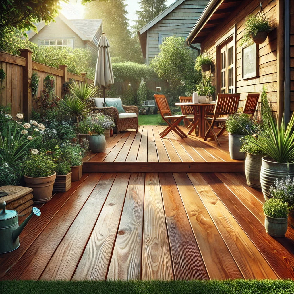 Expert wood refinishing service in action on a residential deck.